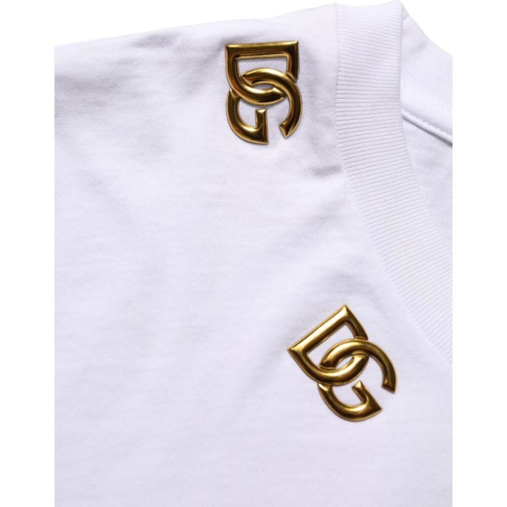 Dolce & Gabbana White Cotton Gold DG Logo Crew Neck Women's T-shirt